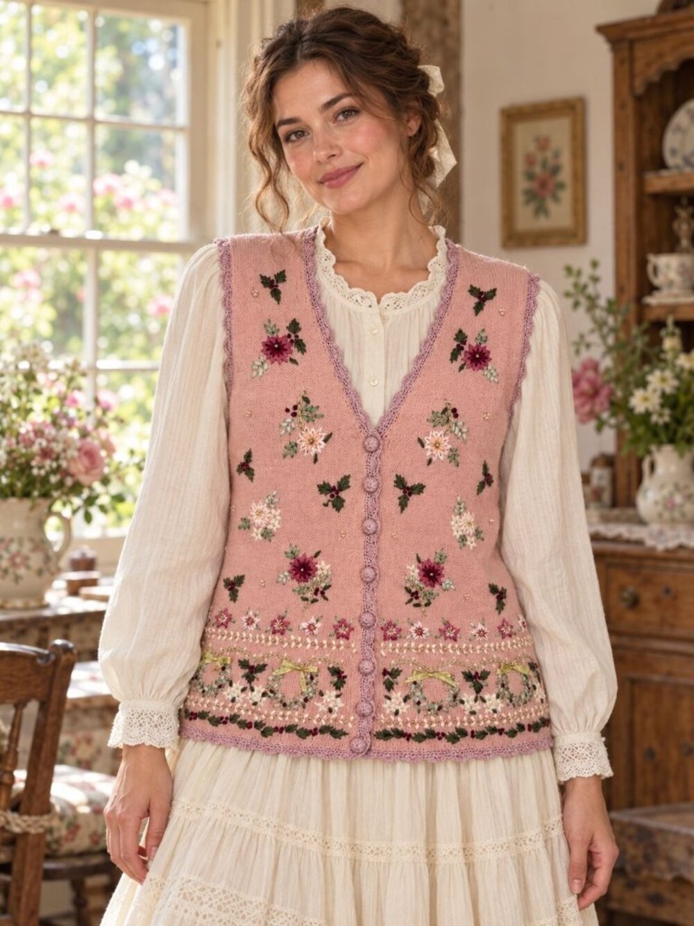 Cottagecore Coquette Alyssa Brooke Pink Floral Embroidered Sweater Vest M